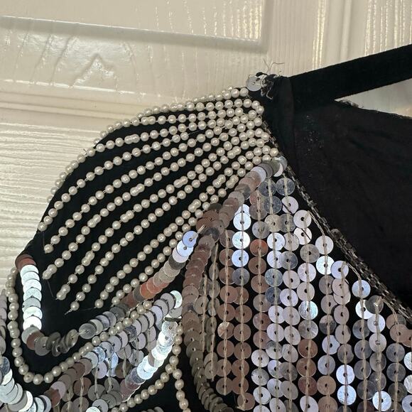 Vintage Unbranded Womens 100% Silk Silver Sequin Beaded Floral Blouse Maximalist - Picture 6 of 9